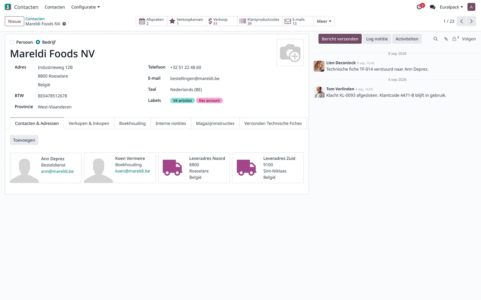 De klantfiche van Euralpack in Odoo, met het uitklapmenu open naast de contactgegevens.