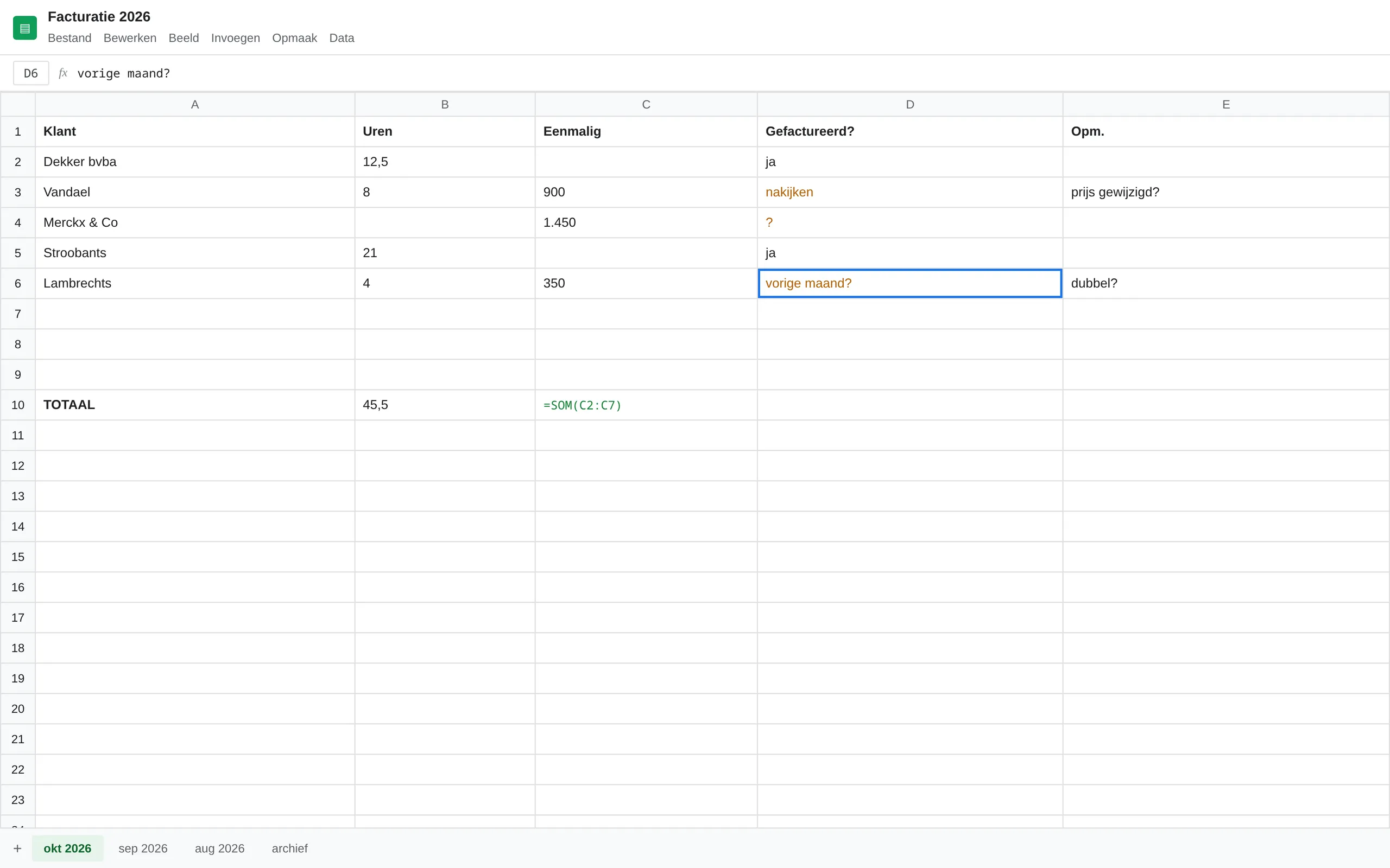 Google Sheet "Facturatie 2026" met per klant de uren en de eenmalige posten, en een kolom "Gefactureerd?" vol vraagtekens en opmerkingen als "nakijken" en "vorige maand?".